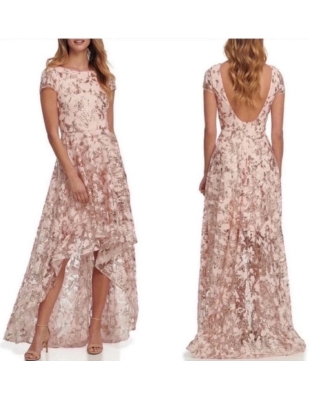 Eliza J Embroidered Sequin Embellished High Low Gown